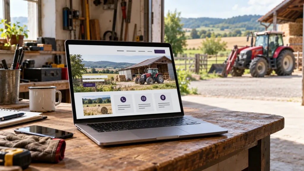 Jednoduchý prezentačný web poľnohospodárskej firmy na notebooku v prostredí farmy.